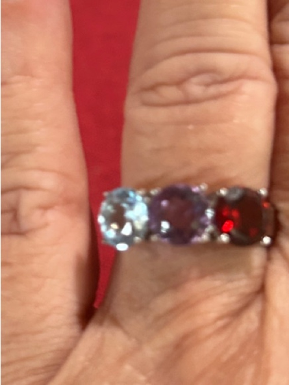 SourceUnknownSterlingSilverGemstoe Ring - amethyst, aquamarine, garnet